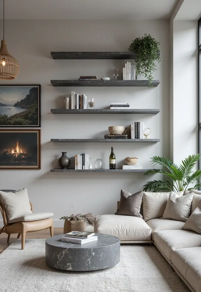 25 Gray Marble Living Room Decor Ideas For Modern Spaces - 10. Gray Marble Shelving