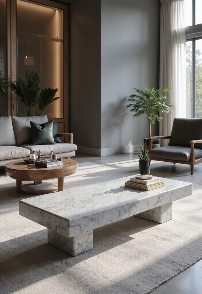 25 Gray Marble Living Room Decor Ideas For Modern Spaces - 17. Gray Marble Bench