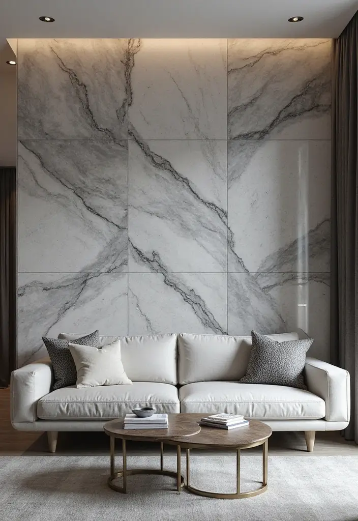 25 Gray Marble Living Room Decor Ideas For Modern Spaces - 2. Gray Marble Accent Wall