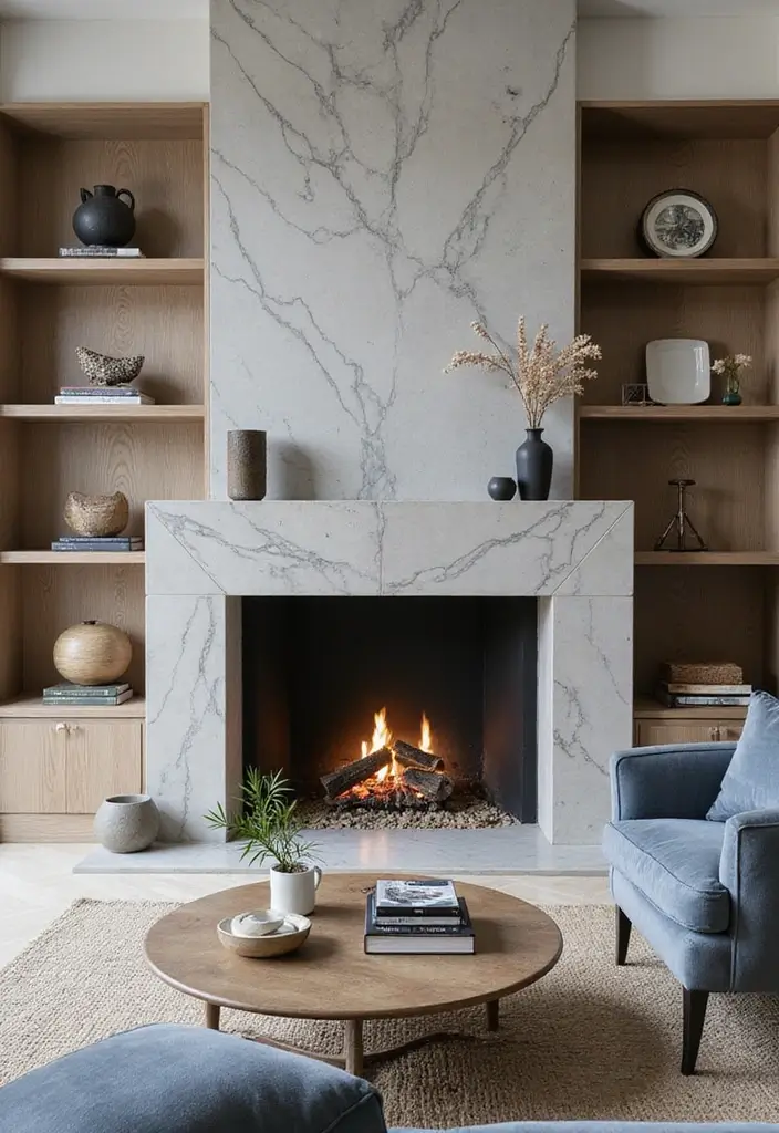 25 Gray Marble Living Room Decor Ideas For Modern Spaces - 4. Gray Marble Fireplace Surround
