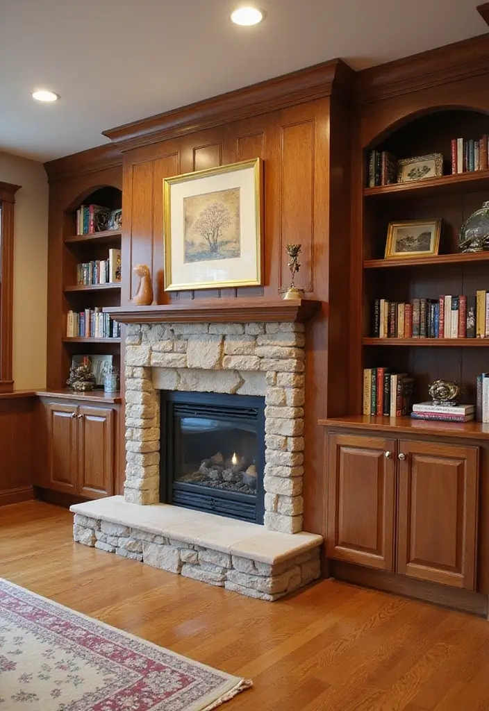 25 Home Decor Ideas For Living Rooms In Dream Houses With Stone Fireplaces - 10. Custom Built-Ins