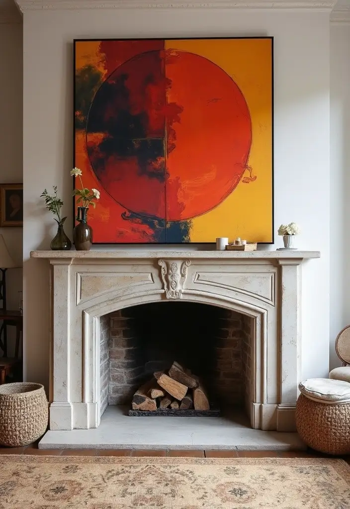 25 Home Decor Ideas For Living Rooms In Dream Houses With Stone Fireplaces - 14. Bold Artwork