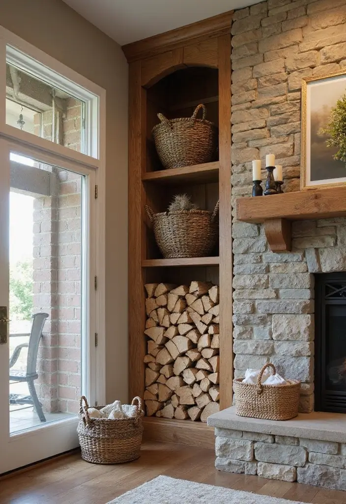 25 Home Decor Ideas For Living Rooms In Dream Houses With Stone Fireplaces - 15. Cozy Firewood Storage