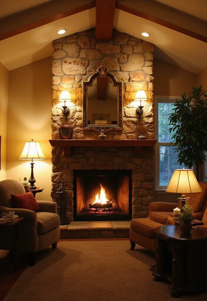 25 Home Decor Ideas For Living Rooms In Dream Houses With Stone Fireplaces - 16. Layered Lighting