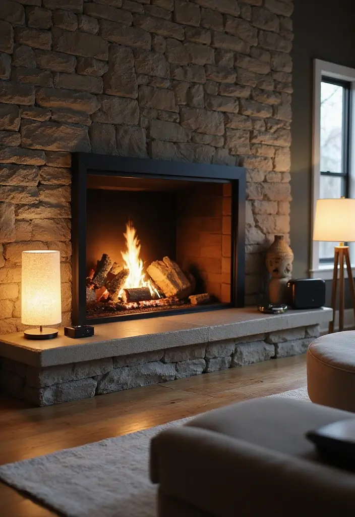 25 Home Decor Ideas For Living Rooms In Dream Houses With Stone Fireplaces - 18. Smart Technology Integration