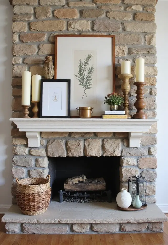 25 Home Decor Ideas For Living Rooms In Dream Houses With Stone Fireplaces - 19. Unique Mantel Decor