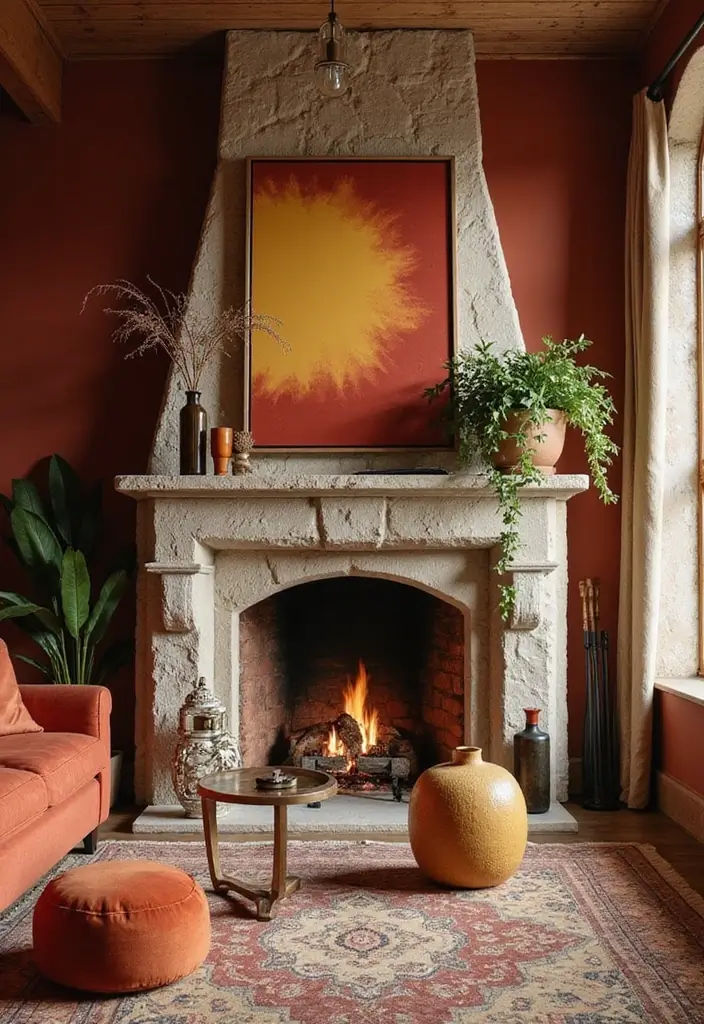 25 Home Decor Ideas For Living Rooms In Dream Houses With Stone Fireplaces - 9. Warm Color Accents