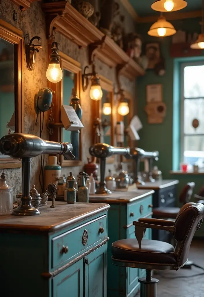 25 Industrial Hair Salon Decor Ideas With Edgy Appeal - 10. Vintage Accessories
