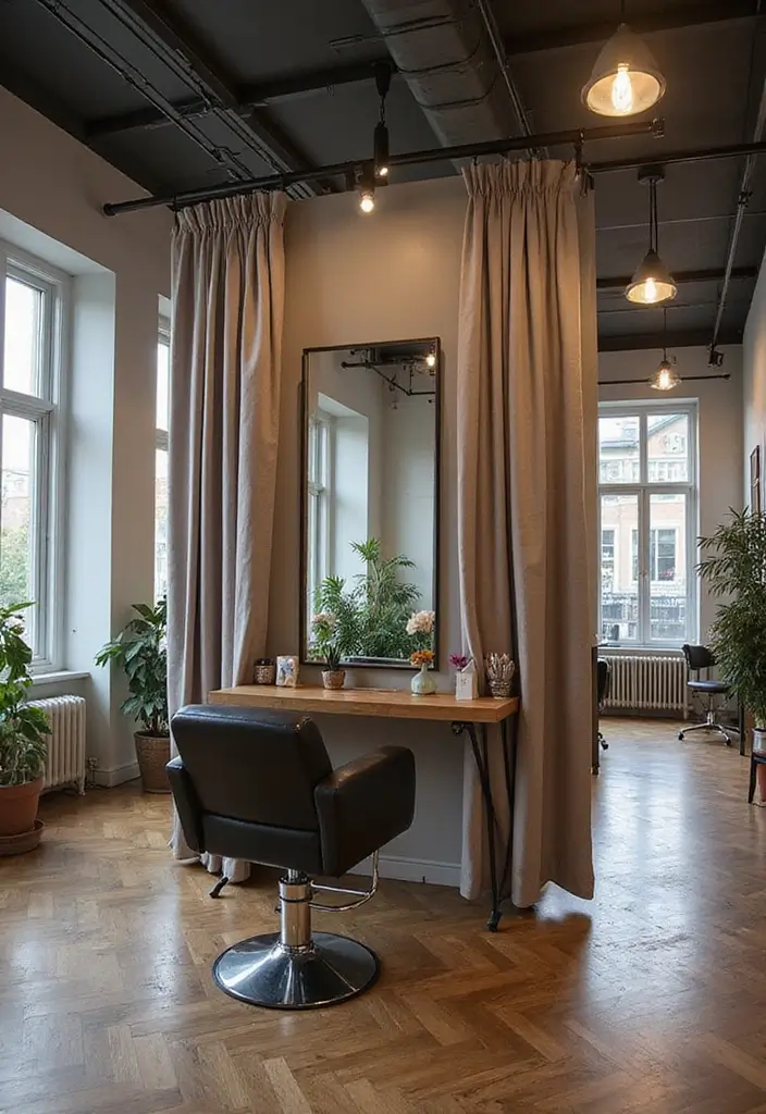 25 Industrial Hair Salon Decor Ideas With Edgy Appeal - 12. Industrial Curtain Dividers