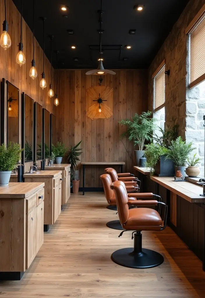 25 Industrial Hair Salon Decor Ideas With Edgy Appeal - 6. Rustic Wood Features