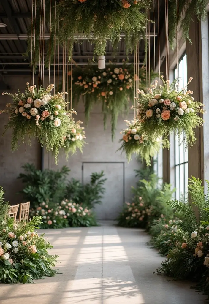 25 Modern Industrial Wedding Decor Ideas For Stylish Ceremonies - 10. Hanging Floral Installations