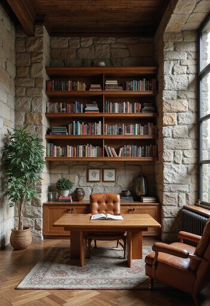 25 Stone Wall Decor Ideas To Add Texture And Warmth 53 25 Stone Wall Decor Ideas To Add Texture And Warmth - 11. Stone-Backed Bookshelves