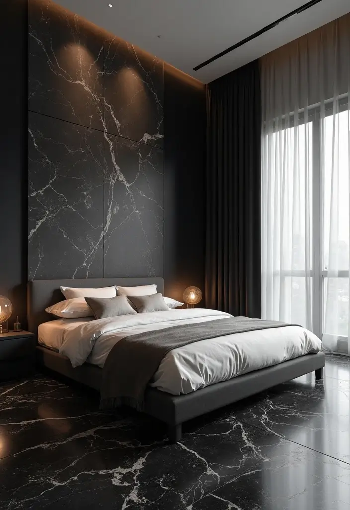 26 Black Marble Floor Decor Ideas For Luxury Spaces 53 26 Black Marble Floor Decor Ideas For Luxury Spaces - 11. Minimalist Bedroom Oasis