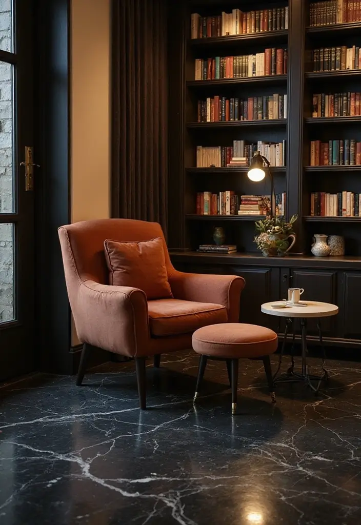 26 Black Marble Floor Decor Ideas For Luxury Spaces 151 26 Black Marble Floor Decor Ideas For Luxury Spaces - 25. Black Marble in a Cozy Reading Nook