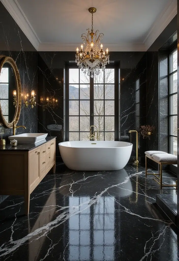 26 Black Marble Floor Decor Ideas For Luxury Spaces 3 26 Black Marble Floor Decor Ideas For Luxury Spaces - 3. Opulent Bathroom Retreat
