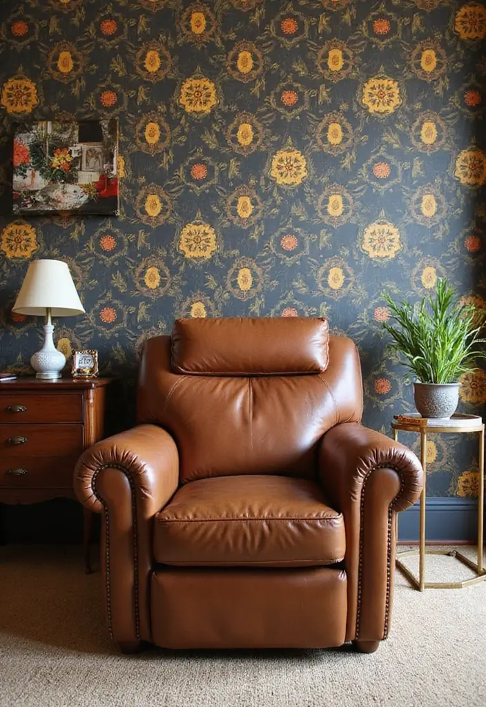 26 Brown Leather Recliner Living Room Decor Ideas You’ll Love 53 26 Brown Leather Recliner Living Room Decor Ideas You’ll Love - 19. Statement Wallpaper