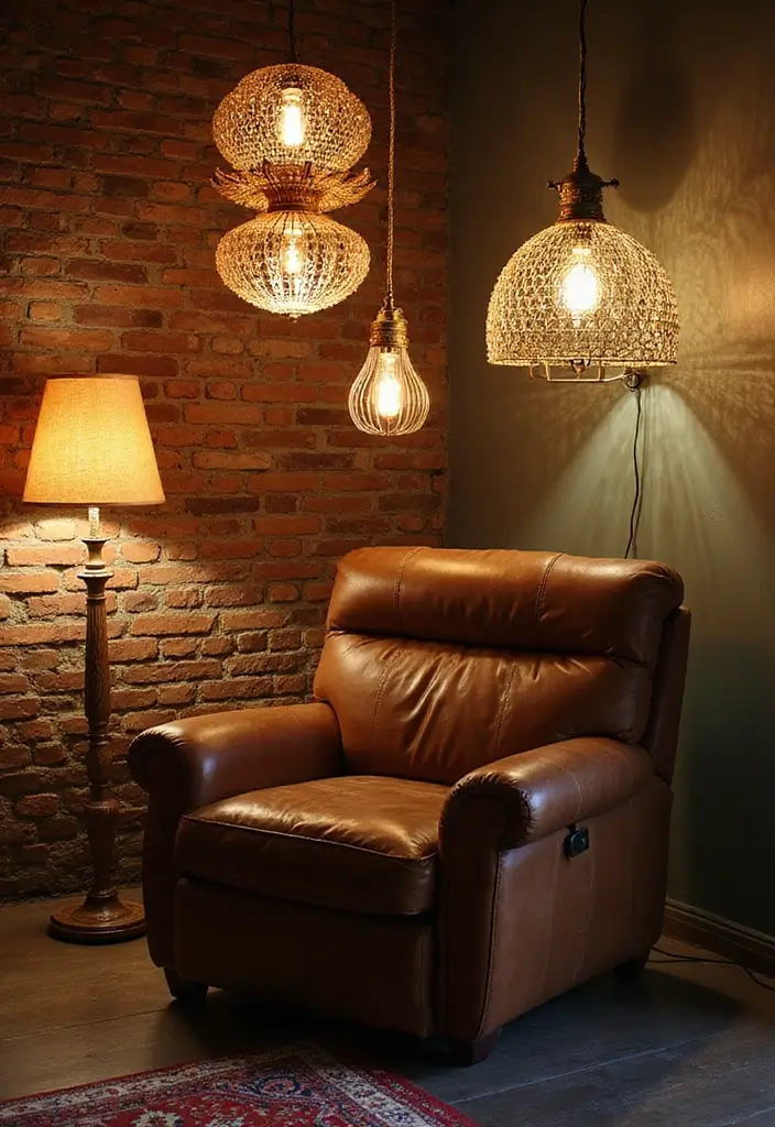 26 Brown Leather Recliner Living Room Decor Ideas You’ll Love 56 26 Brown Leather Recliner Living Room Decor Ideas You’ll Love - 22. Eclectic Lighting Fixtures
