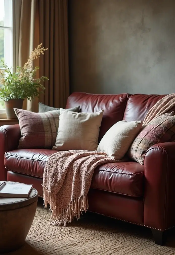 26 Burgundy Leather Couch Living Room Decor Ideas To Copy 26 26 Burgundy Leather Couch Living Room Decor Ideas To Copy - 10. Cozy Throws and Blankets