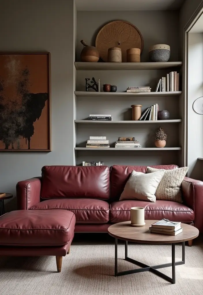 26 Burgundy Leather Couch Living Room Decor Ideas To Copy 33 26 Burgundy Leather Couch Living Room Decor Ideas To Copy - 11. Stylish Shelving