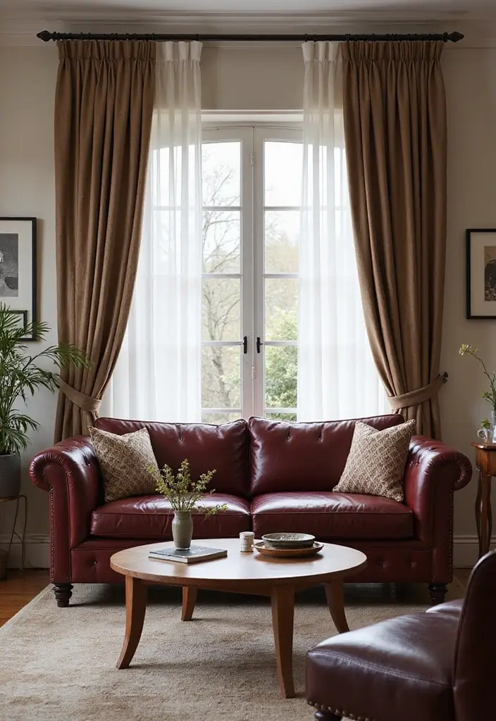 26 Burgundy Leather Couch Living Room Decor Ideas To Copy 61 26 Burgundy Leather Couch Living Room Decor Ideas To Copy - 15. Layering Curtains