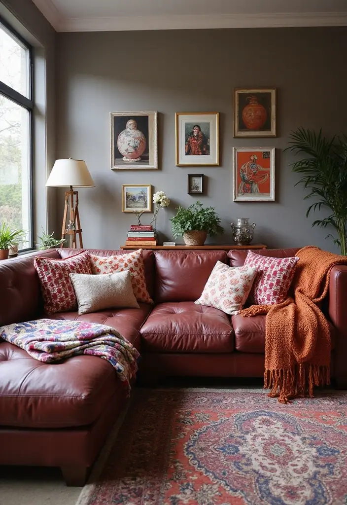 26 Burgundy Leather Couch Living Room Decor Ideas To Copy 74 26 Burgundy Leather Couch Living Room Decor Ideas To Copy - 18. Mix and Match Patterns