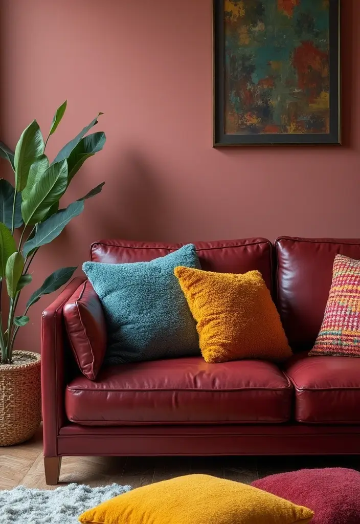 26 Burgundy Leather Couch Living Room Decor Ideas To Copy 2 26 Burgundy Leather Couch Living Room Decor Ideas To Copy - 2. Bold Accent Pillows