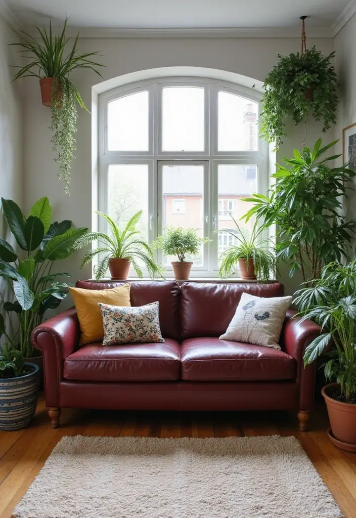 26 Burgundy Leather Couch Living Room Decor Ideas To Copy 21 26 Burgundy Leather Couch Living Room Decor Ideas To Copy - 7. Incorporating Greenery