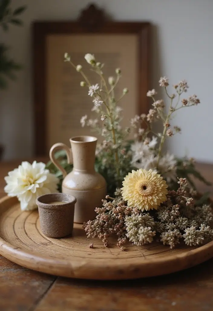 26 Vintage Bamboo Tray Decor Ideas For Classic Homes - 17. Vintage Bamboo Tray with Dried Flowers