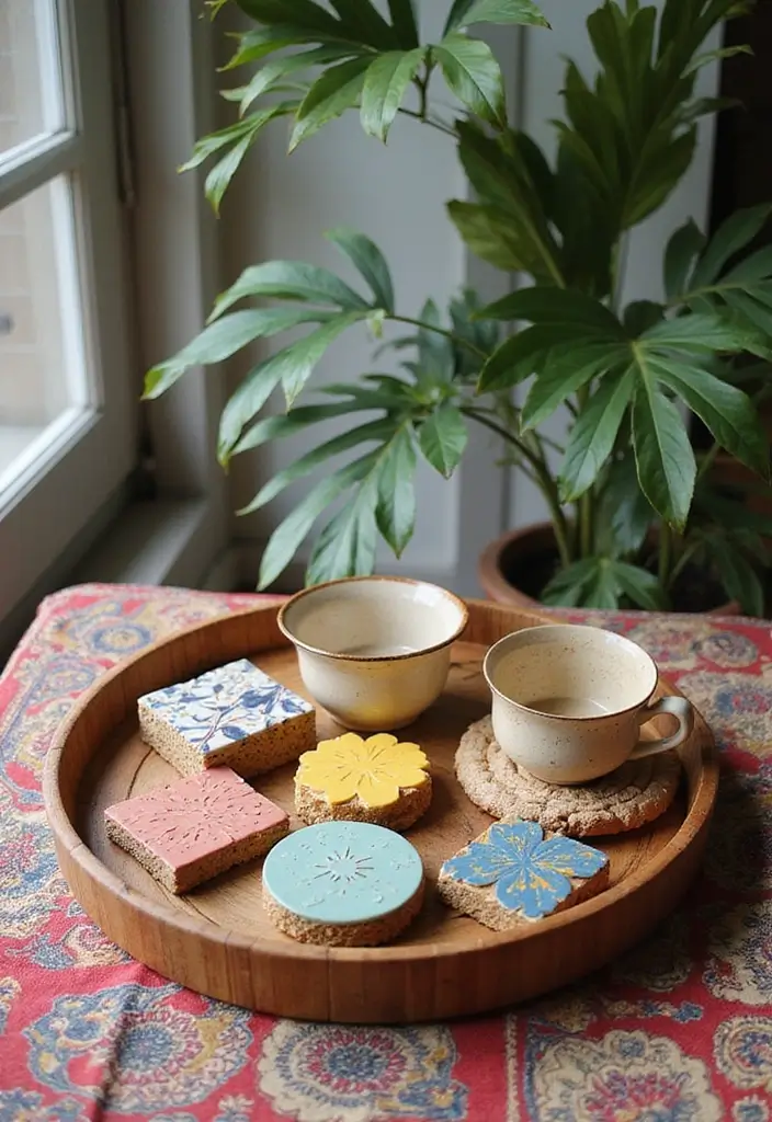 26 Vintage Bamboo Tray Decor Ideas For Classic Homes - 23. Vintage Bamboo Tray with Colorful Tiles