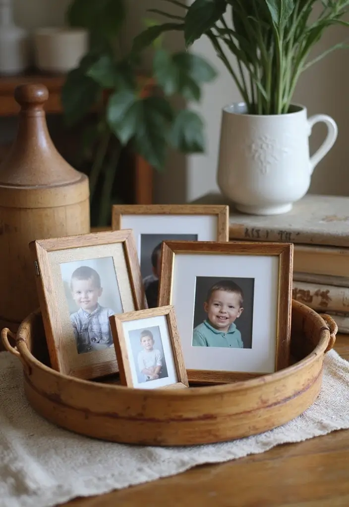 26 Vintage Bamboo Tray Decor Ideas For Classic Homes - 24. Vintage Bamboo Tray for Family Photos