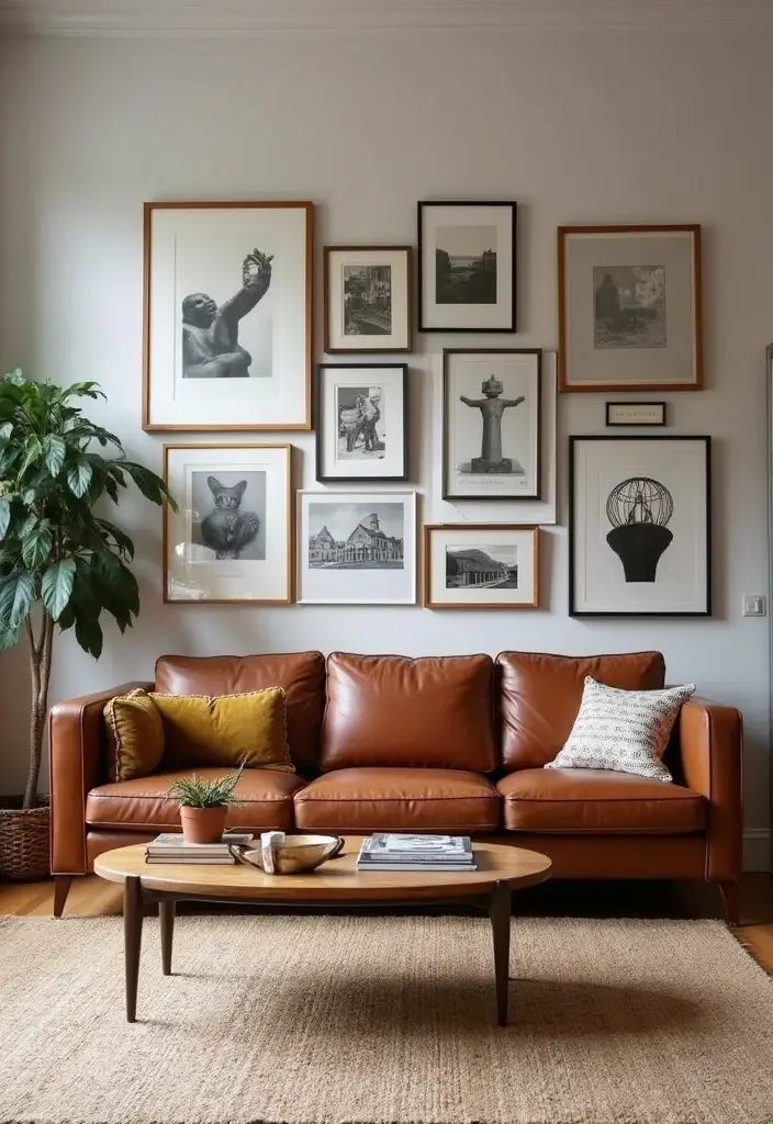 27 Chestnut Leather Couch Living Room Decor Inspirations 56 27 Chestnut Leather Couch Living Room Decor Inspirations - 18. Chic Gallery Wall