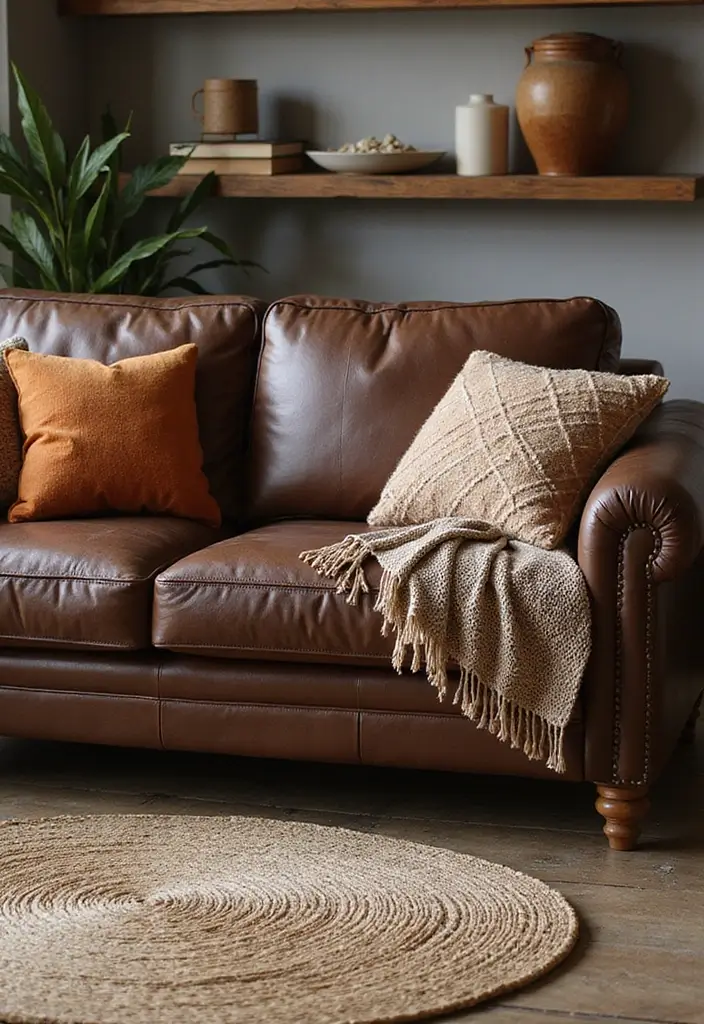 27 Dark Brown Leather Couch Living Room Decor Inspirations 1 27 Dark Brown Leather Couch Living Room Decor Inspirations - 1. Layered Textures with Throws and Pillows