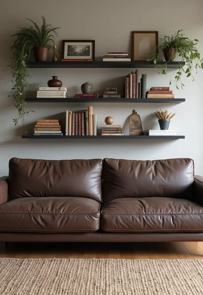 27 Dark Brown Leather Couch Living Room Decor Inspirations 58 27 Dark Brown Leather Couch Living Room Decor Inspirations - 24. Utilize Vertical Space with Shelving