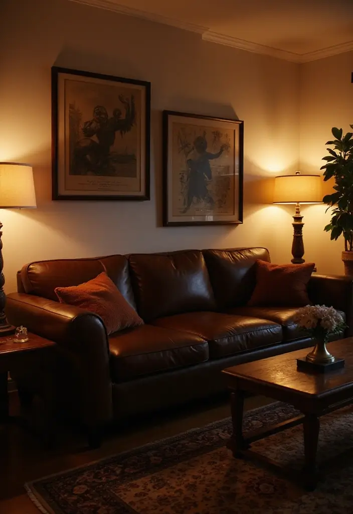 27 Dark Brown Leather Couch Living Room Decor Inspirations 14 27 Dark Brown Leather Couch Living Room Decor Inspirations - 4. Introduce Cozy Lighting
