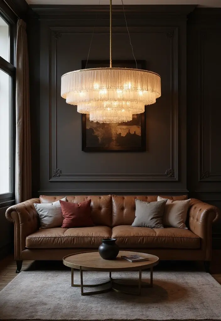 27 Dark Brown Leather Couch Living Room Decor Inspirations 24 27 Dark Brown Leather Couch Living Room Decor Inspirations - 8. Statement Lighting Fixtures