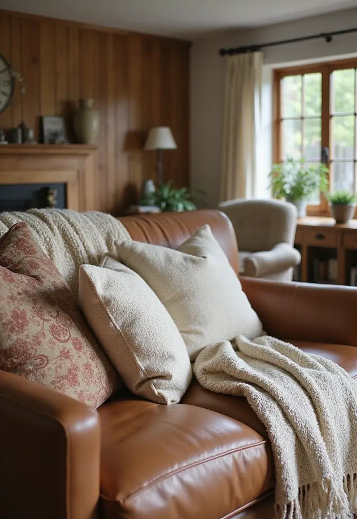 27 Decor Ideas With Brown Leather Couches For Elegant Spaces 1 27 Decor Ideas With Brown Leather Couches For Elegant Spaces - 1. Layered Textures