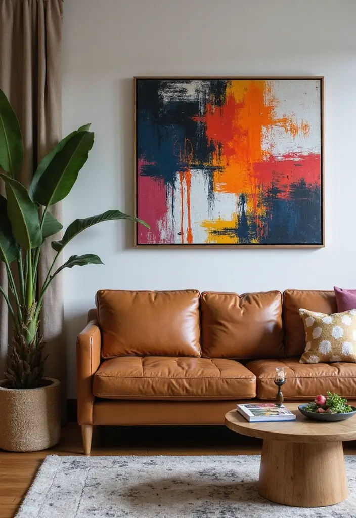 27 Decor Ideas With Brown Leather Couches For Elegant Spaces 40 27 Decor Ideas With Brown Leather Couches For Elegant Spaces - 12. Bold Art Pieces