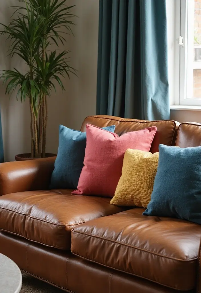 27 Decor Ideas With Brown Leather Couches For Elegant Spaces 41 27 Decor Ideas With Brown Leather Couches For Elegant Spaces - 13. Elegant Color Pops