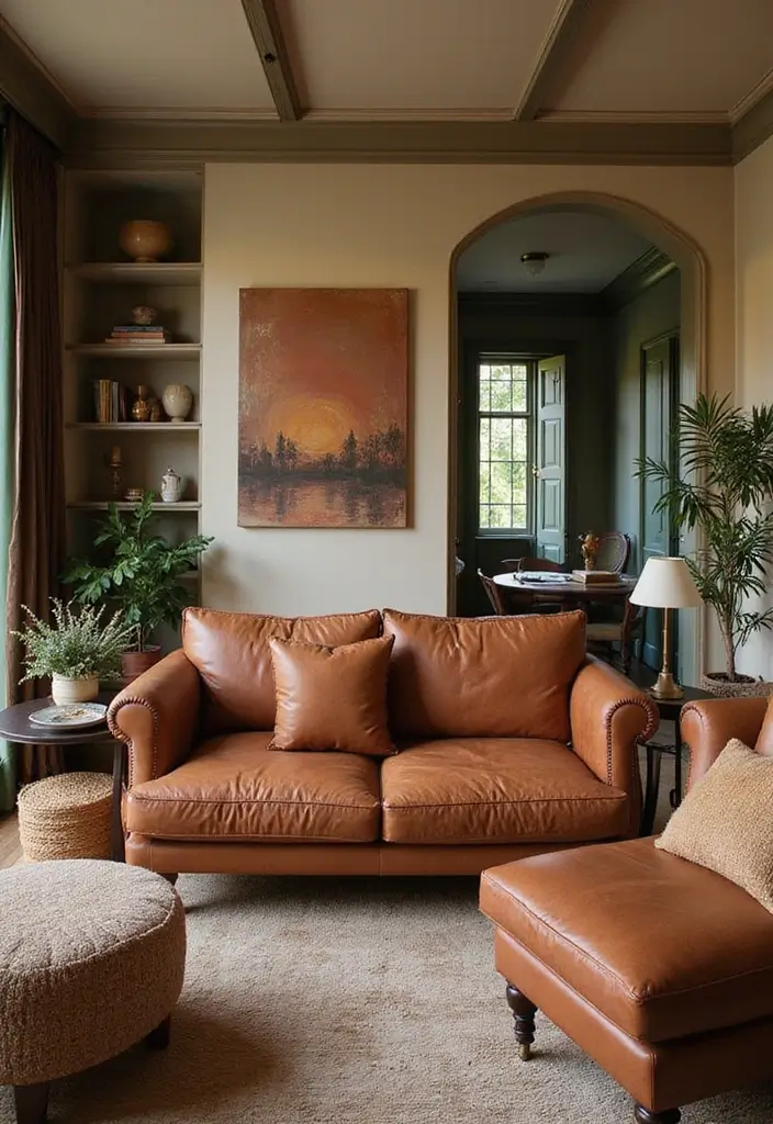 27 Decor Ideas With Brown Leather Couches For Elegant Spaces 11 27 Decor Ideas With Brown Leather Couches For Elegant Spaces - 3. Earthy Color Palettes