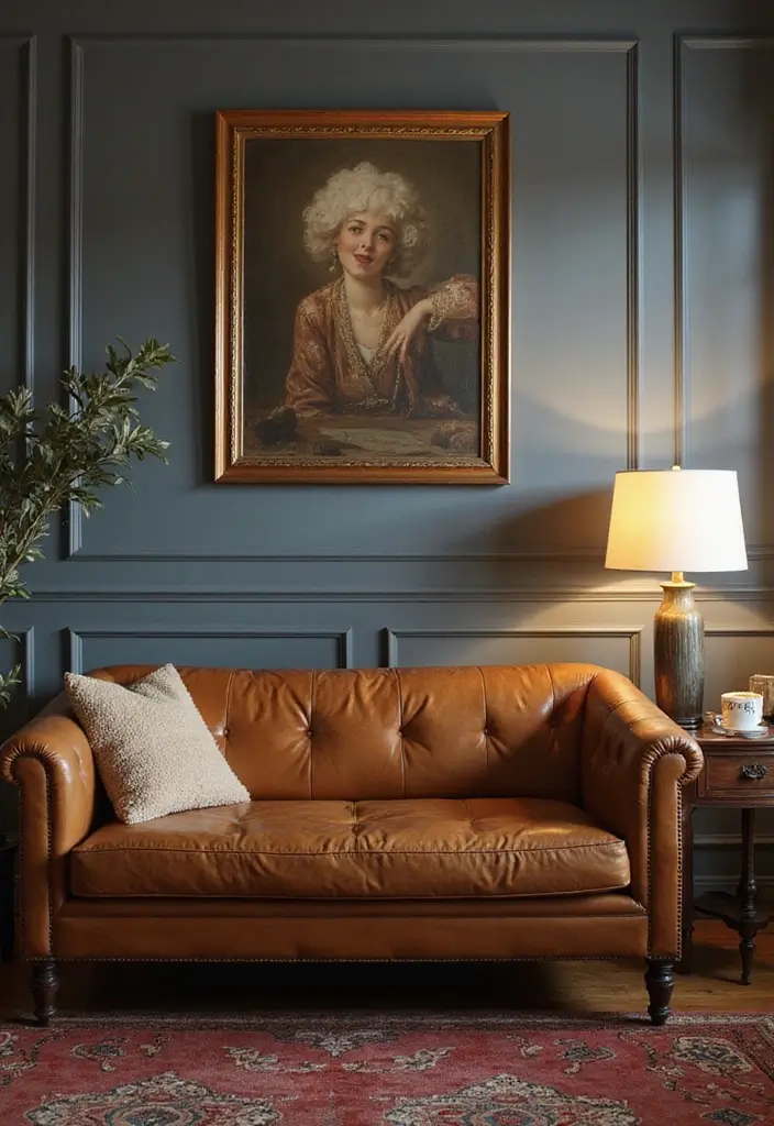 27 Decor Ideas With Brown Leather Couches For Elegant Spaces 12 27 Decor Ideas With Brown Leather Couches For Elegant Spaces - 4. Vintage Finds