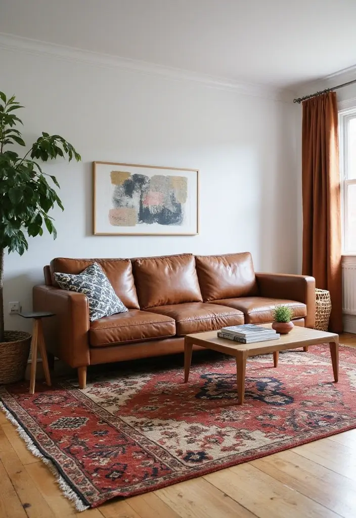 27 Decor Ideas With Brown Leather Couches For Elegant Spaces 13 27 Decor Ideas With Brown Leather Couches For Elegant Spaces - 5. Statement Rugs