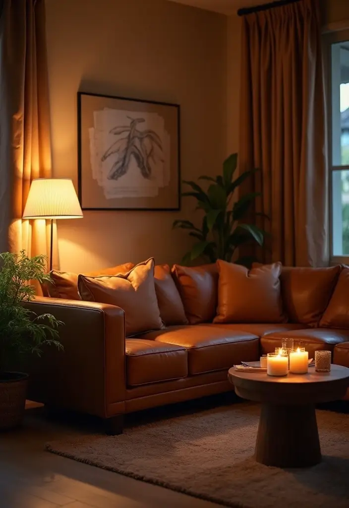 27 Decor Ideas With Brown Leather Couches For Elegant Spaces 14 27 Decor Ideas With Brown Leather Couches For Elegant Spaces - 6. Soft Lighting