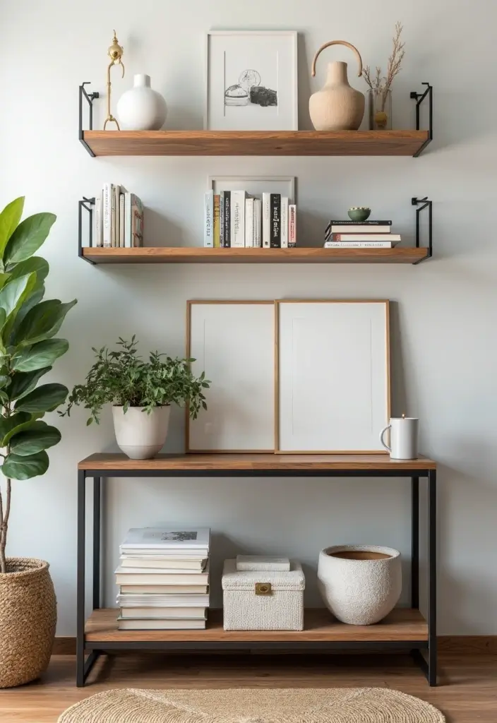 27 Industrial Console Table Decor Ideas To Elevate Your Entryway 45 27 Industrial Console Table Decor Ideas To Elevate Your Entryway - 15. Wall Mounted Shelves