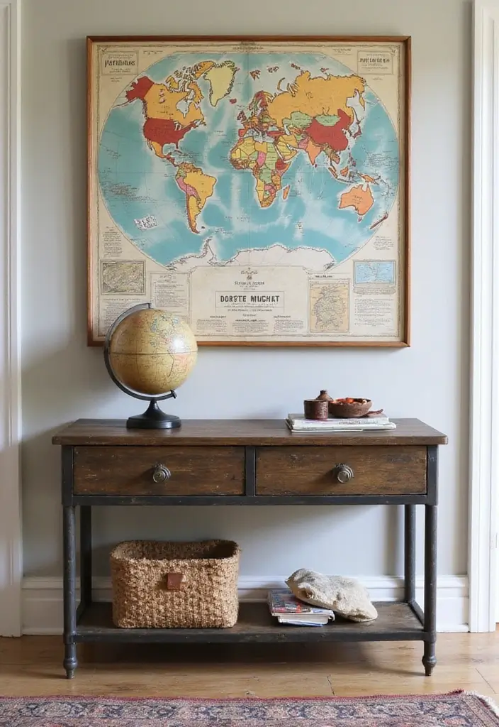 27 Industrial Console Table Decor Ideas To Elevate Your Entryway 47 27 Industrial Console Table Decor Ideas To Elevate Your Entryway - 17. Travel-Inspired Decor