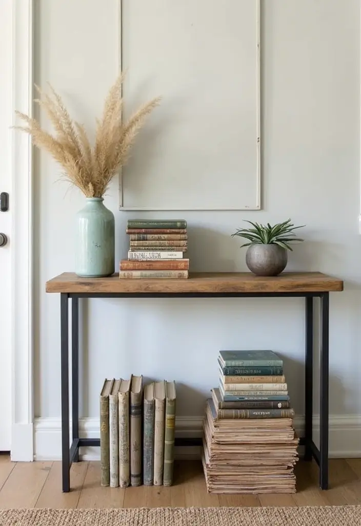 27 Industrial Console Table Decor Ideas To Elevate Your Entryway 51 27 Industrial Console Table Decor Ideas To Elevate Your Entryway - 19. Decorative Books