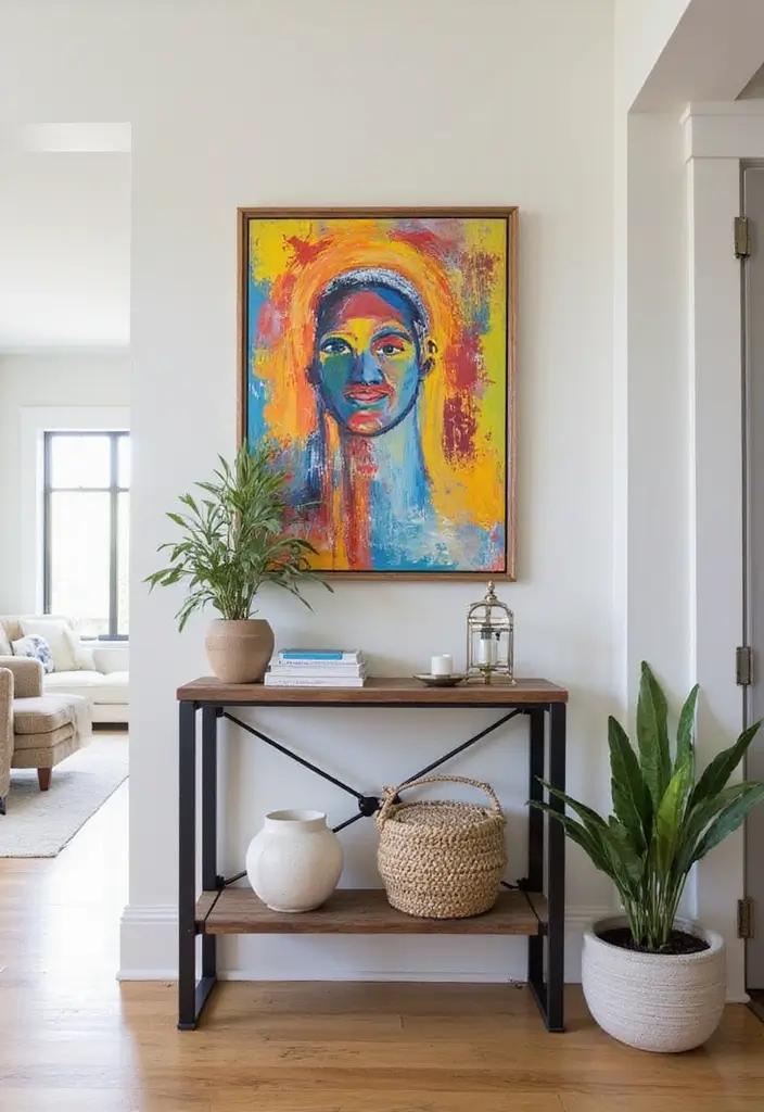 27 Industrial Console Table Decor Ideas To Elevate Your Entryway 54 27 Industrial Console Table Decor Ideas To Elevate Your Entryway - 22. Colorful Artwork