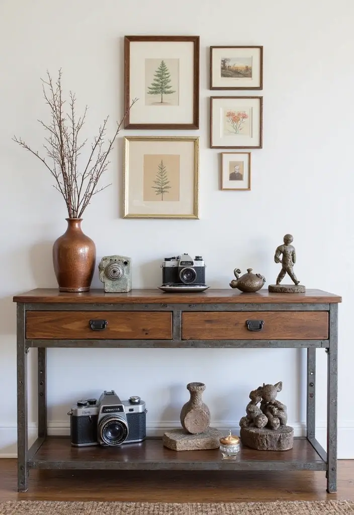 27 Industrial Console Table Decor Ideas To Elevate Your Entryway 61 27 Industrial Console Table Decor Ideas To Elevate Your Entryway - 23. Vintage Finds