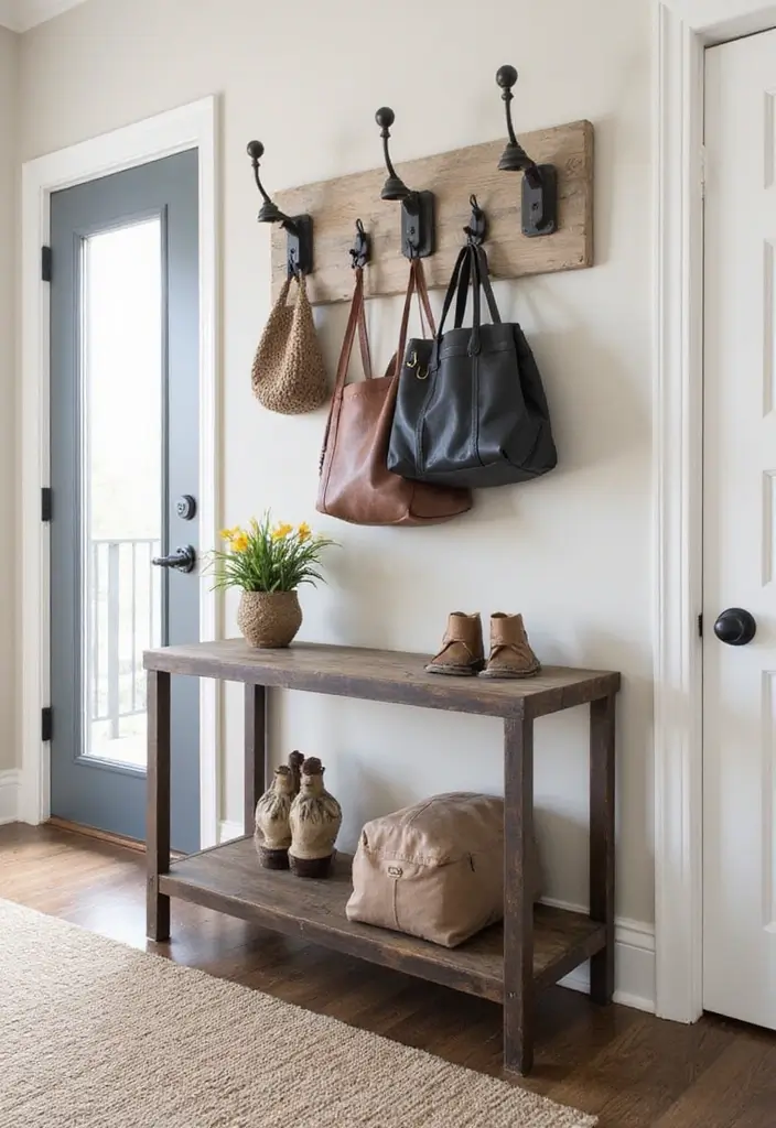 27 Industrial Console Table Decor Ideas To Elevate Your Entryway 62 27 Industrial Console Table Decor Ideas To Elevate Your Entryway - 24. Functional Hooks
