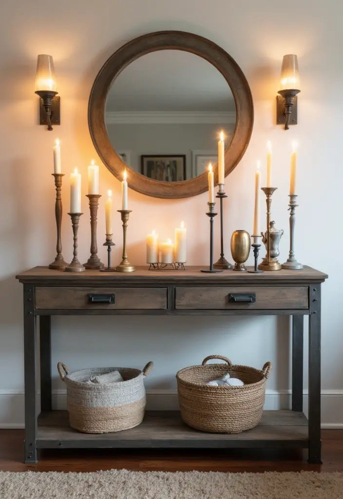 27 Industrial Console Table Decor Ideas To Elevate Your Entryway 63 27 Industrial Console Table Decor Ideas To Elevate Your Entryway - 25. Unique Candle Holders