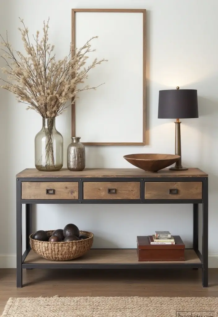 27 Industrial Console Table Decor Ideas To Elevate Your Entryway 77 27 Industrial Console Table Decor Ideas To Elevate Your Entryway - 27. Mixed Materials